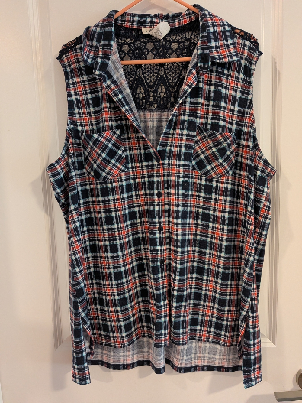 M. Fasis Plaid Button-Front Top with Lace Back - Navy, Red & White